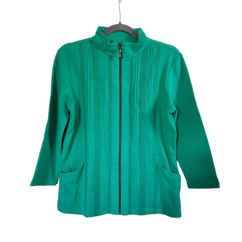 Onque Casual Kelly Green Full Zip Pockets Embroidered Cotton Cardigan Size Small